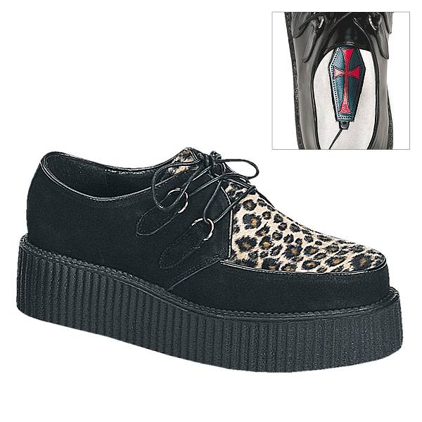 Demonia Men's Creeper-400 Platform Creeper Shoes - Black Suede/Cheetah Fur D4156-38US Clearance